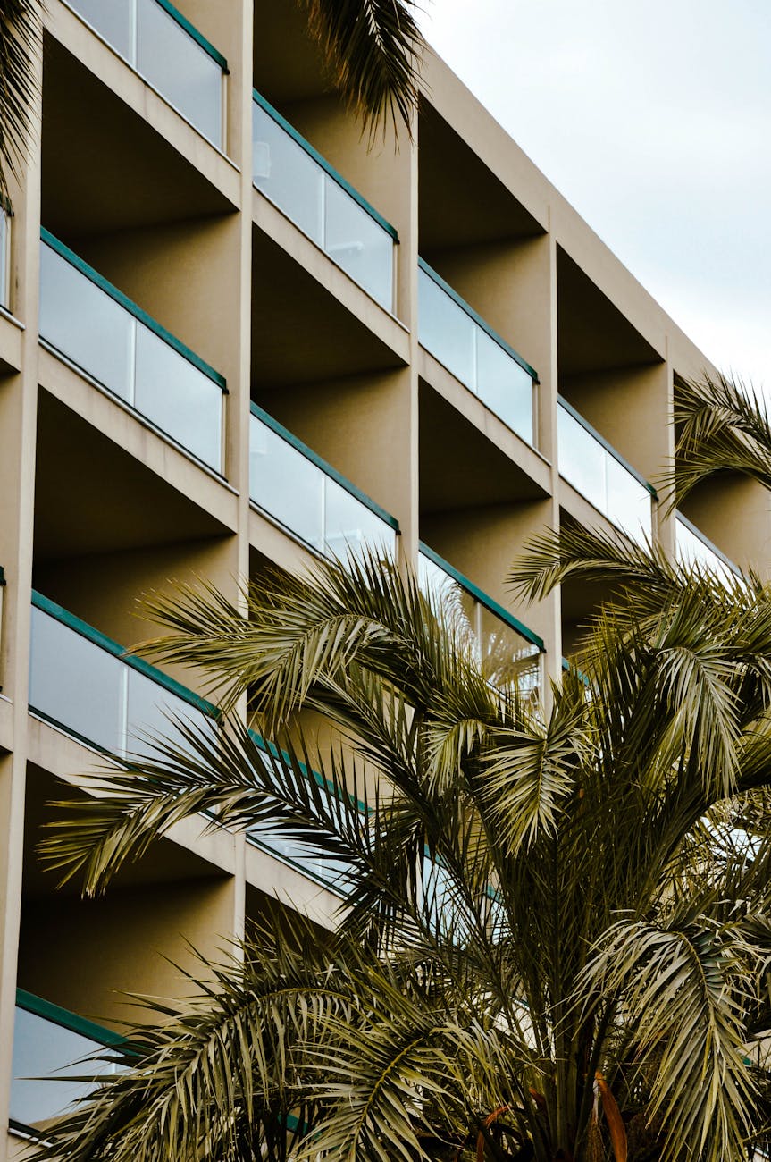 Contemporary residential architecture in Greece, showcasing palm trees and balconies.